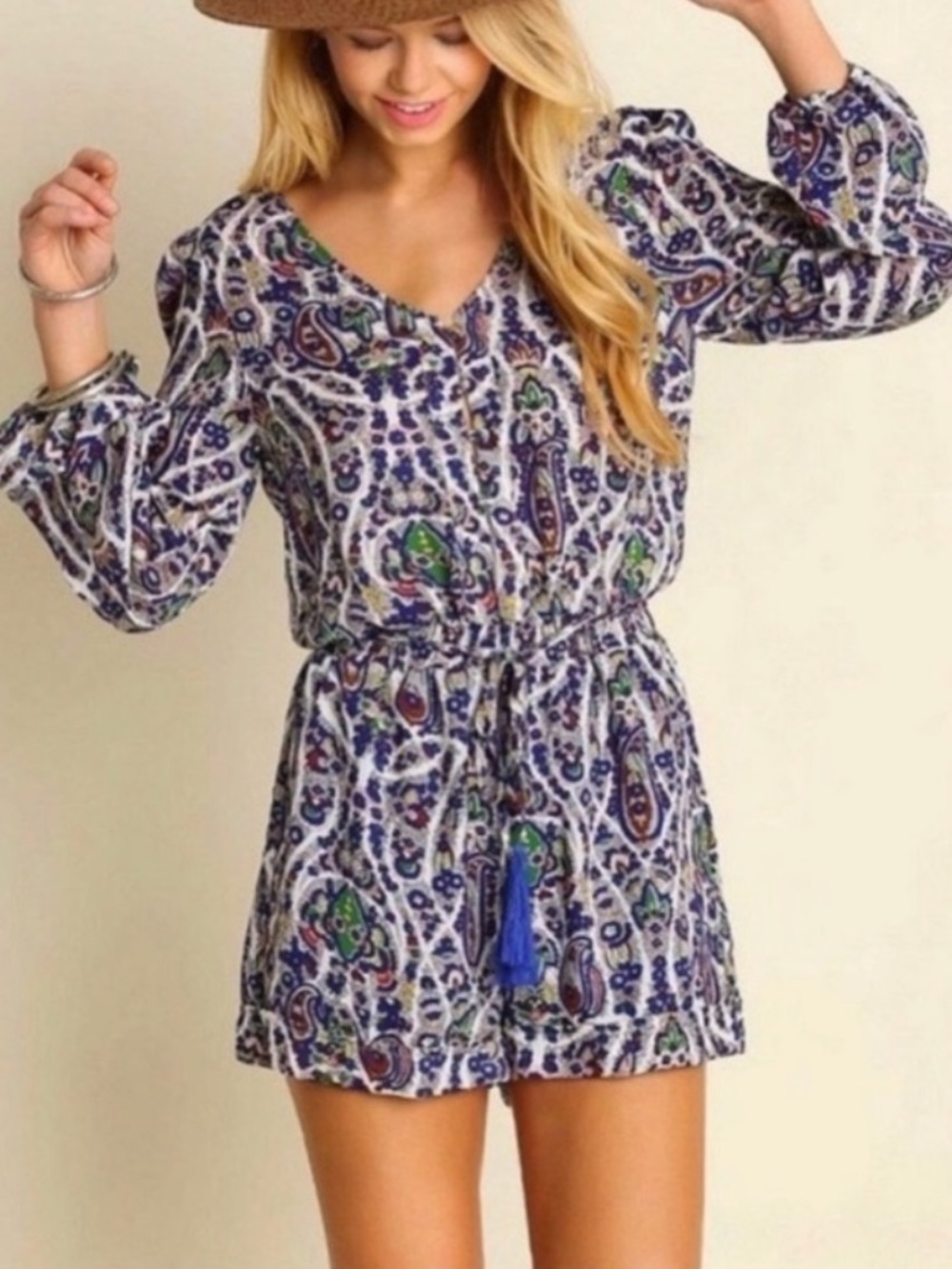 NWT Umgee Paisley Boho Romper in Blue, Green & Red M